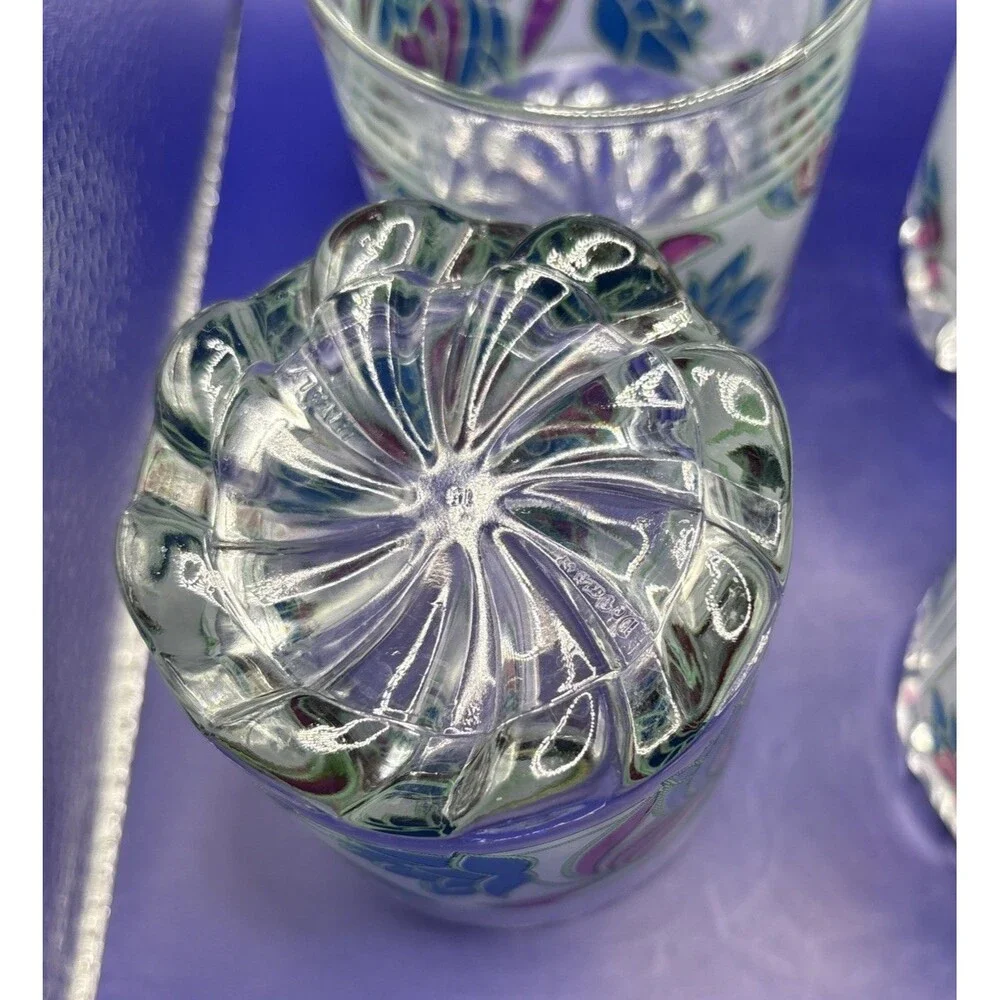 Vintage Italian Rock Glasses Set Of 4 Magenta Blue Floral Art Nouveau